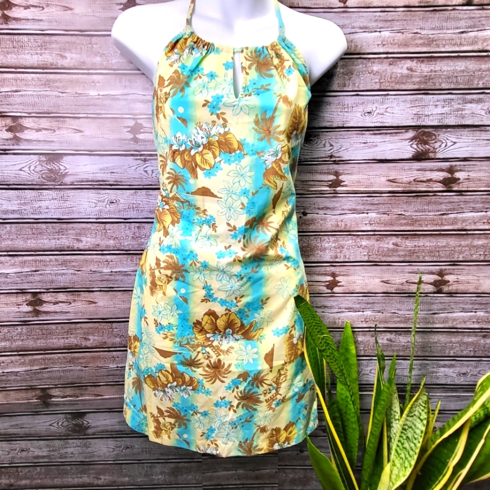 Vintage 90s Y2K Girl Star Hawaiian Print Halter Dress Size 3/4